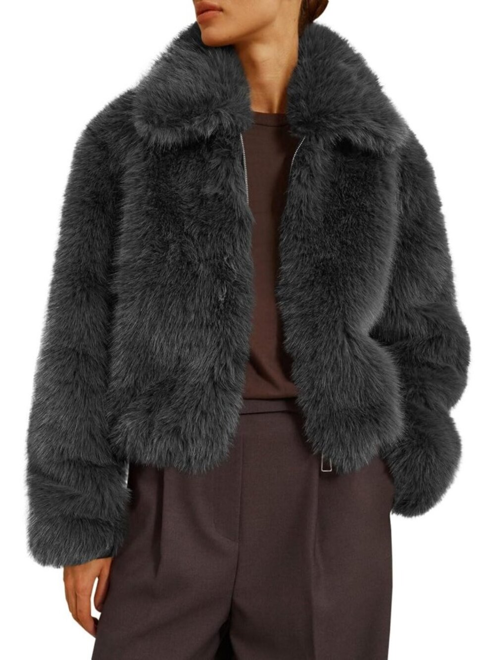 Cozy Cropped Faux Fur Zip-Up Winter Jacket for Women - Stylish & Warm Outerwear